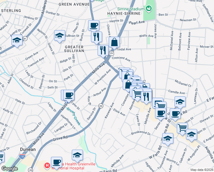 map of restaurants, bars, coffee shops, grocery stores, and more near 202 South Carolina 20 in Greenville