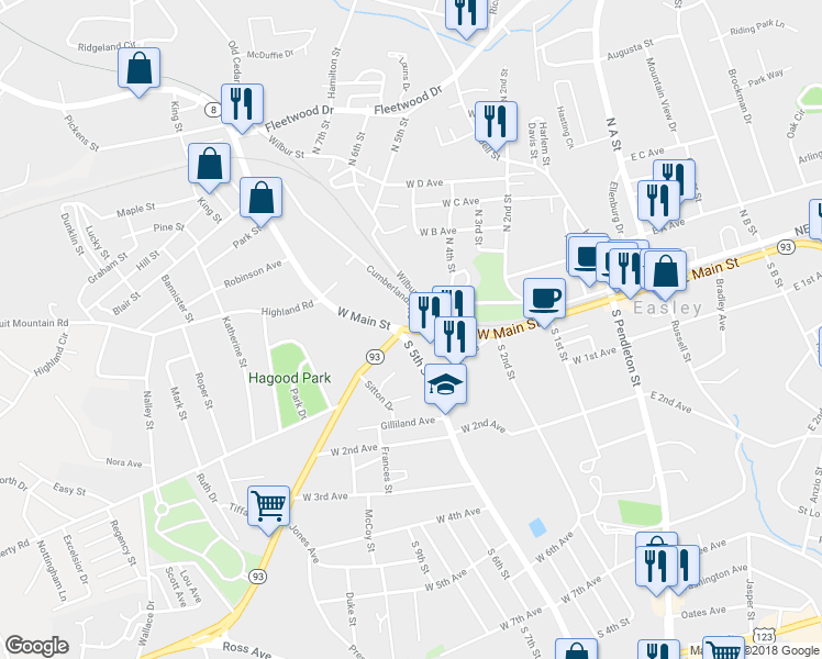 map of restaurants, bars, coffee shops, grocery stores, and more near 510 West Main Street in Easley