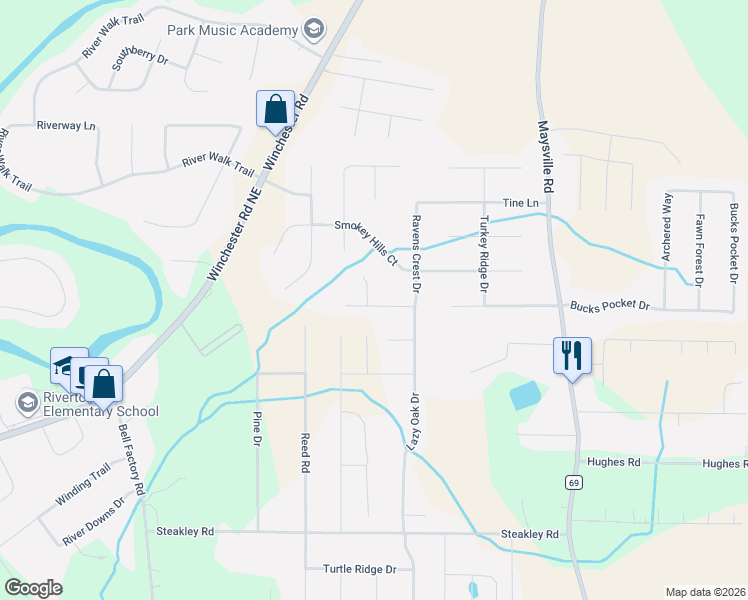 map of restaurants, bars, coffee shops, grocery stores, and more near 107 Eagles Watch Court in New Market
