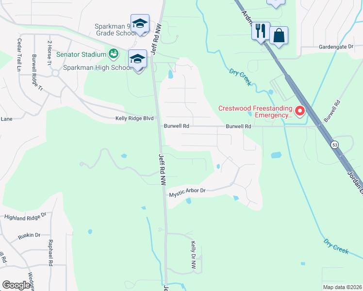 map of restaurants, bars, coffee shops, grocery stores, and more near Quiet Creek Drive in Harvest