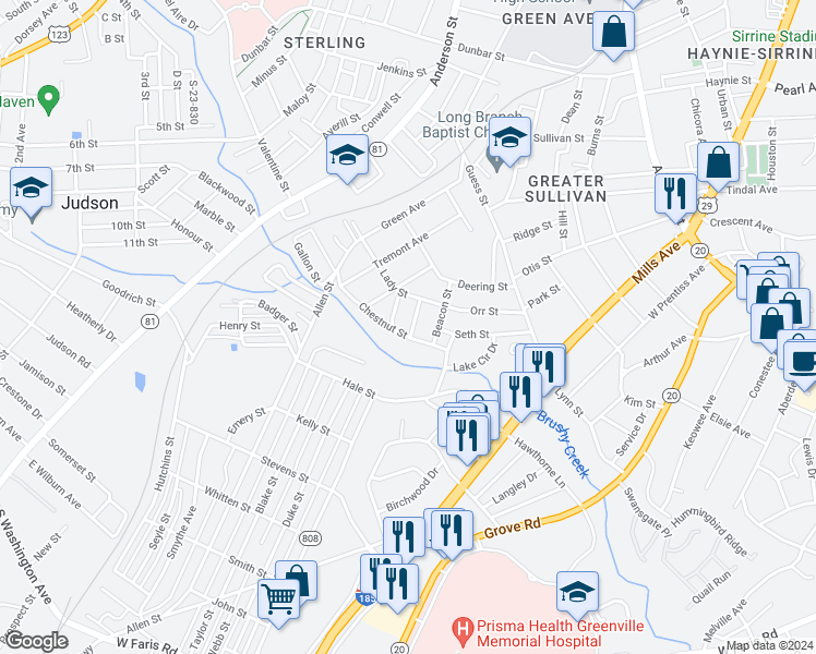 map of restaurants, bars, coffee shops, grocery stores, and more near 284 Moore Street in Greenville