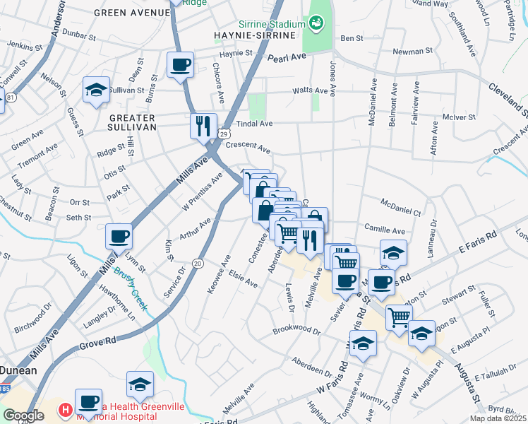 map of restaurants, bars, coffee shops, grocery stores, and more near in Greenville