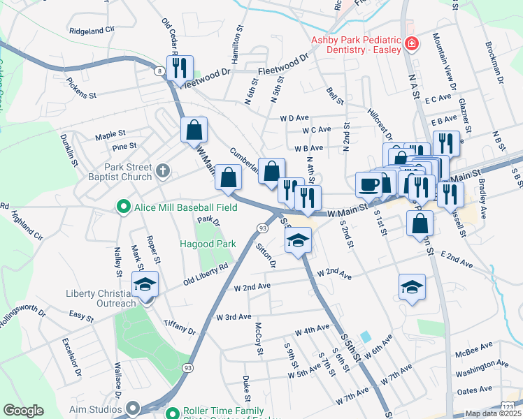 map of restaurants, bars, coffee shops, grocery stores, and more near 101 Liberty Drive in Easley