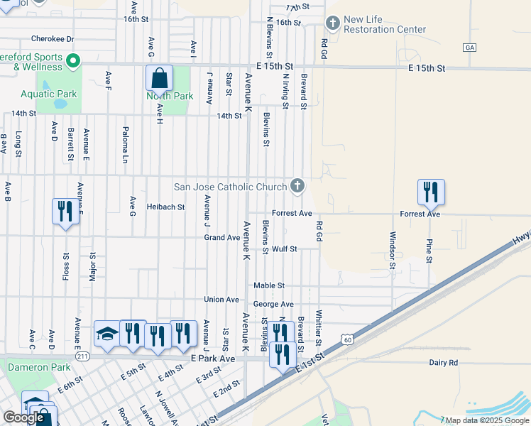map of restaurants, bars, coffee shops, grocery stores, and more near 701 Blevins Street in Hereford