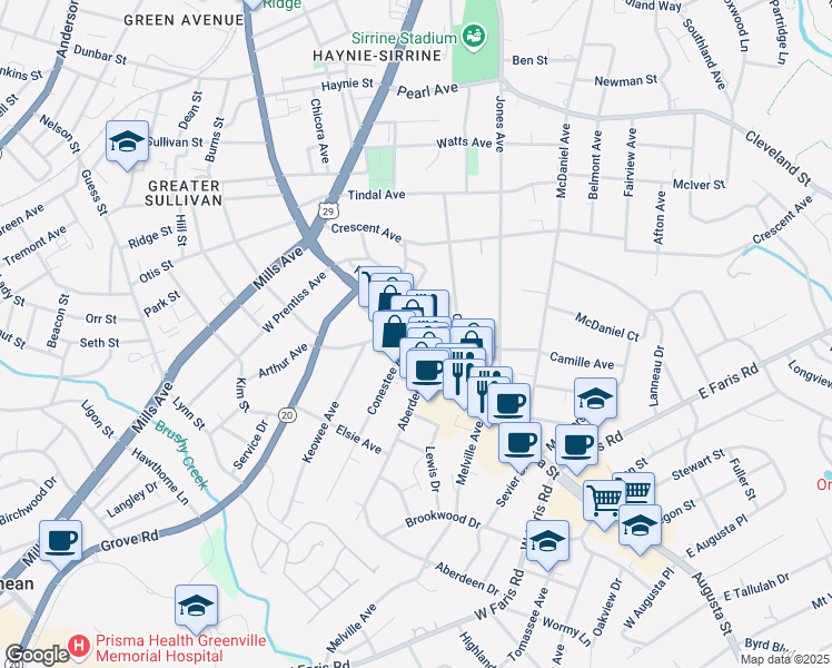 map of restaurants, bars, coffee shops, grocery stores, and more near 1624 Augusta Street in Greenville