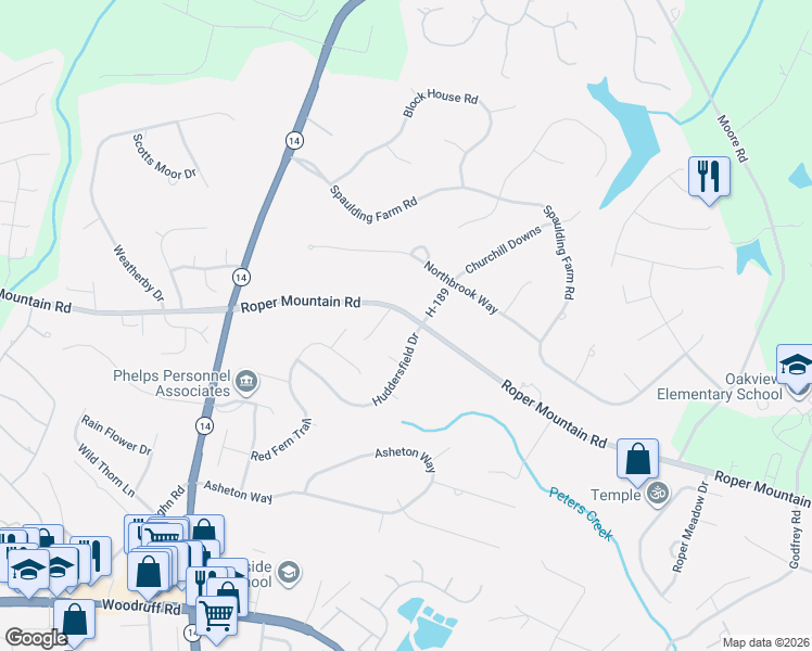 map of restaurants, bars, coffee shops, grocery stores, and more near 6 Huddersfield Drive in Simpsonville