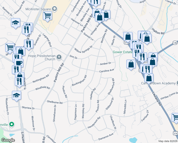 map of restaurants, bars, coffee shops, grocery stores, and more near 115 Buckingham Road in Greenville