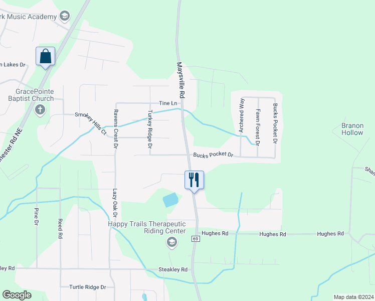 map of restaurants, bars, coffee shops, grocery stores, and more near 5157 Maysville Road in New Market