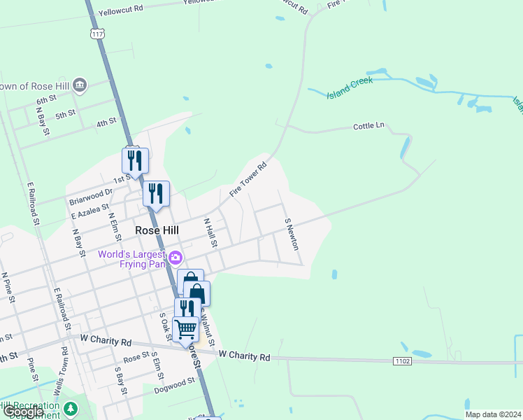 map of restaurants, bars, coffee shops, grocery stores, and more near 907 East Center Street in Rose Hill