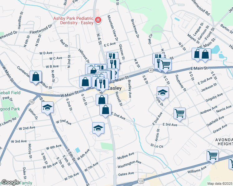 map of restaurants, bars, coffee shops, grocery stores, and more near 112 Russell Street in Easley