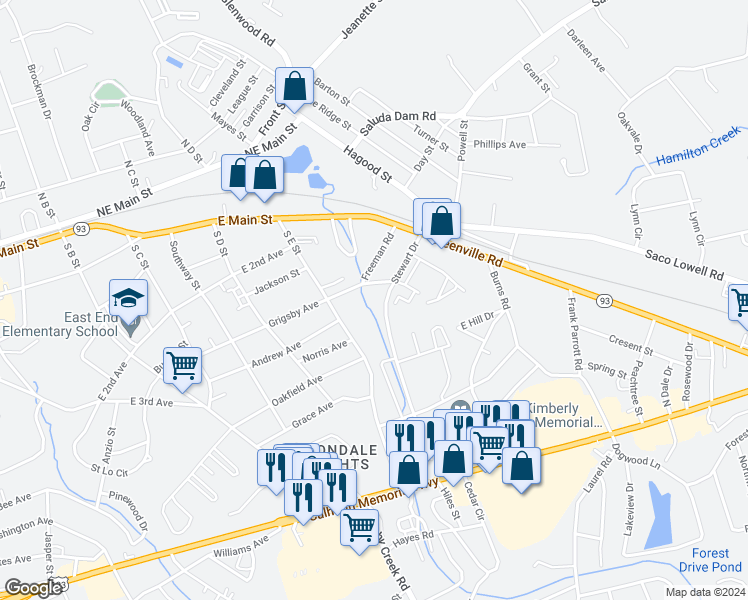 map of restaurants, bars, coffee shops, grocery stores, and more near 502 Grigsby Avenue in Easley