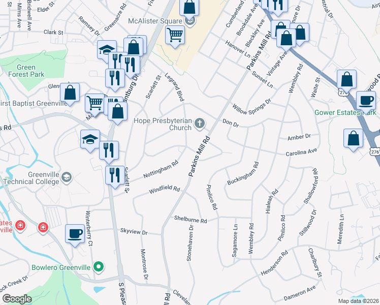 map of restaurants, bars, coffee shops, grocery stores, and more near 409 Legrand Boulevard in Greenville