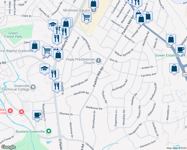 map of restaurants, bars, coffee shops, grocery stores, and more near 409 Legrand Boulevard in Greenville
