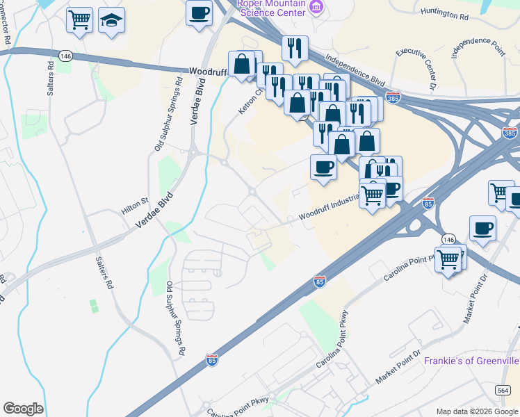 map of restaurants, bars, coffee shops, grocery stores, and more near 3-99 Green Heron Road in Greenville