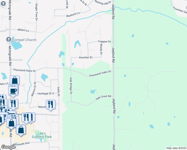 map of restaurants, bars, coffee shops, grocery stores, and more near 1835 Thousand Oaks Drive in Hernando