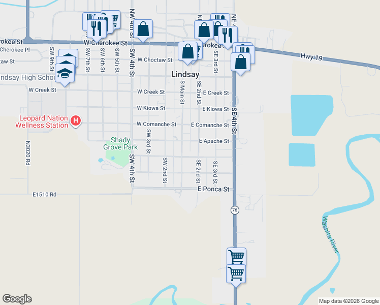 map of restaurants, bars, coffee shops, grocery stores, and more near 108 East Apache Street in Lindsay