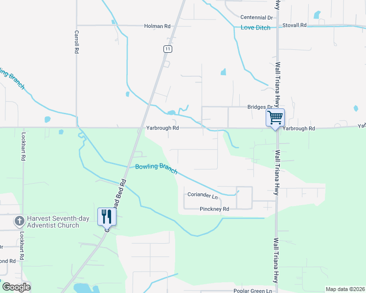 map of restaurants, bars, coffee shops, grocery stores, and more near 1002 Yarbrough Road in Harvest
