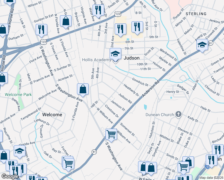 map of restaurants, bars, coffee shops, grocery stores, and more near 114 Judson Road in Greenville