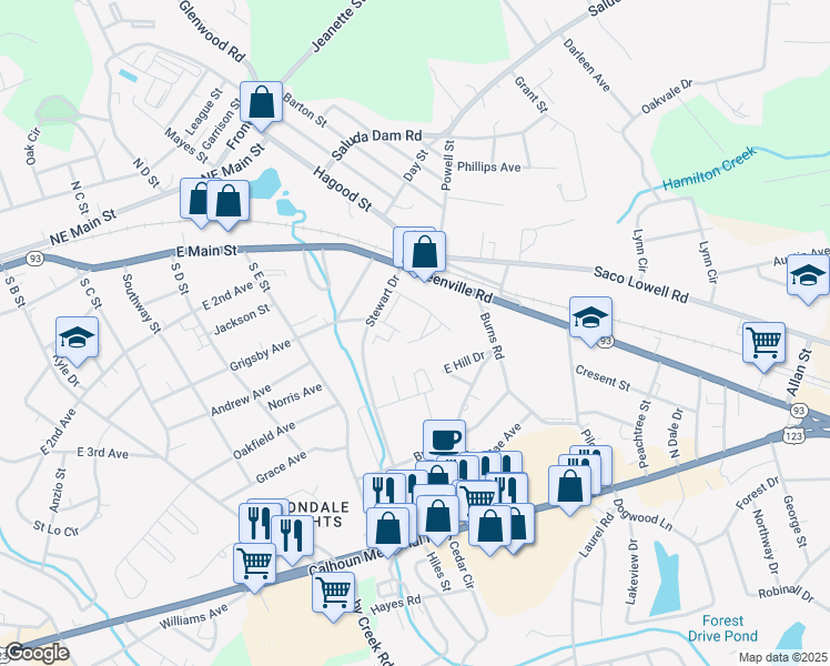 map of restaurants, bars, coffee shops, grocery stores, and more near 105 Stewart Drive in Easley