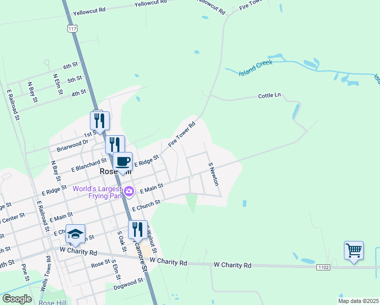 map of restaurants, bars, coffee shops, grocery stores, and more near 907 East Center Street in Rose Hill