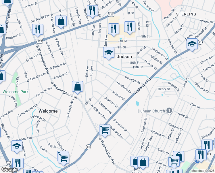 map of restaurants, bars, coffee shops, grocery stores, and more near 104 Valley Street in Greenville