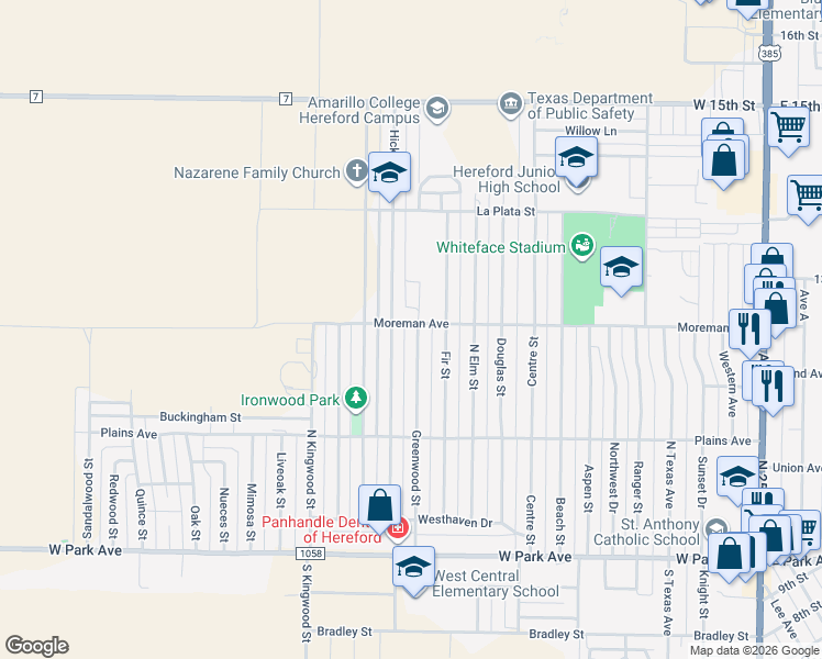 map of restaurants, bars, coffee shops, grocery stores, and more near 328 Hickory Street in Hereford