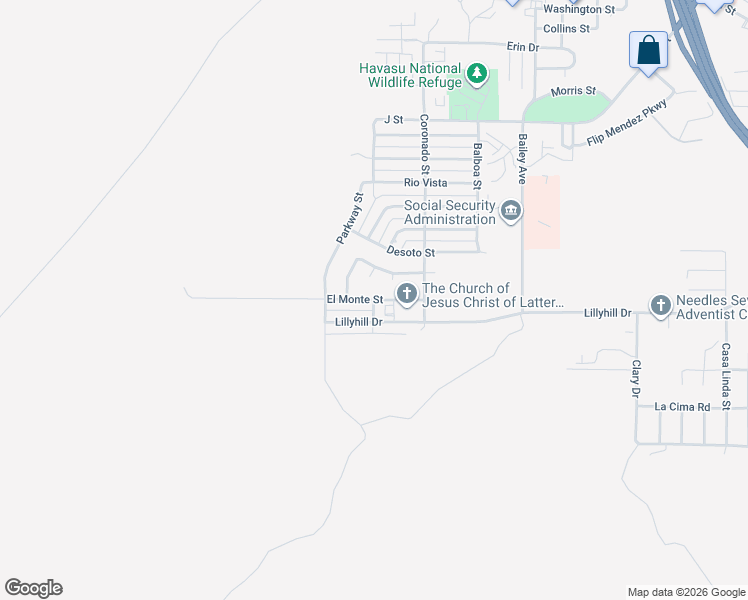 map of restaurants, bars, coffee shops, grocery stores, and more near El Monte Street in Needles