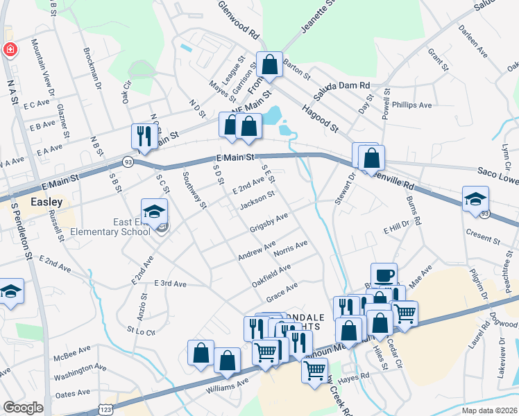 map of restaurants, bars, coffee shops, grocery stores, and more near 108 Jackson St in Easley