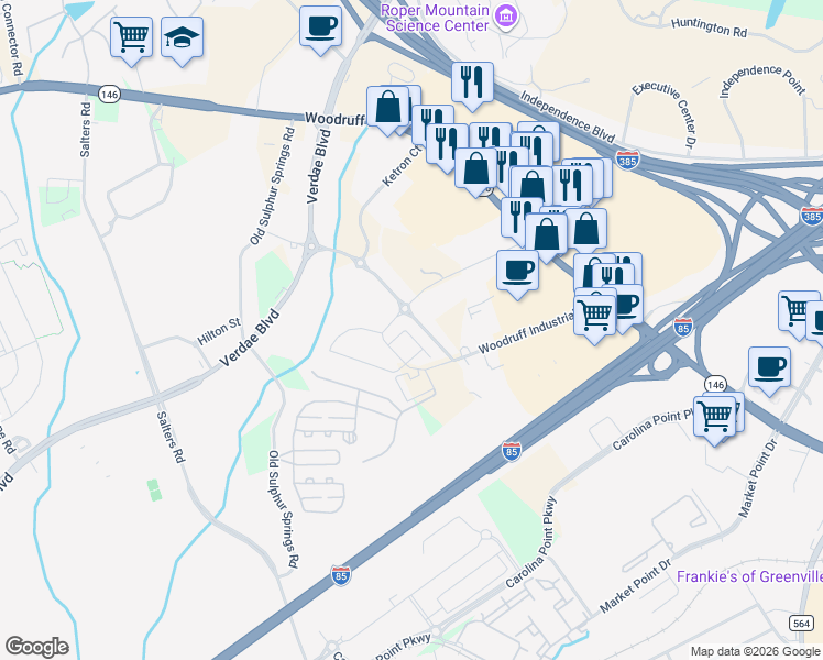 map of restaurants, bars, coffee shops, grocery stores, and more near 3-99 Green Heron Road in Greenville