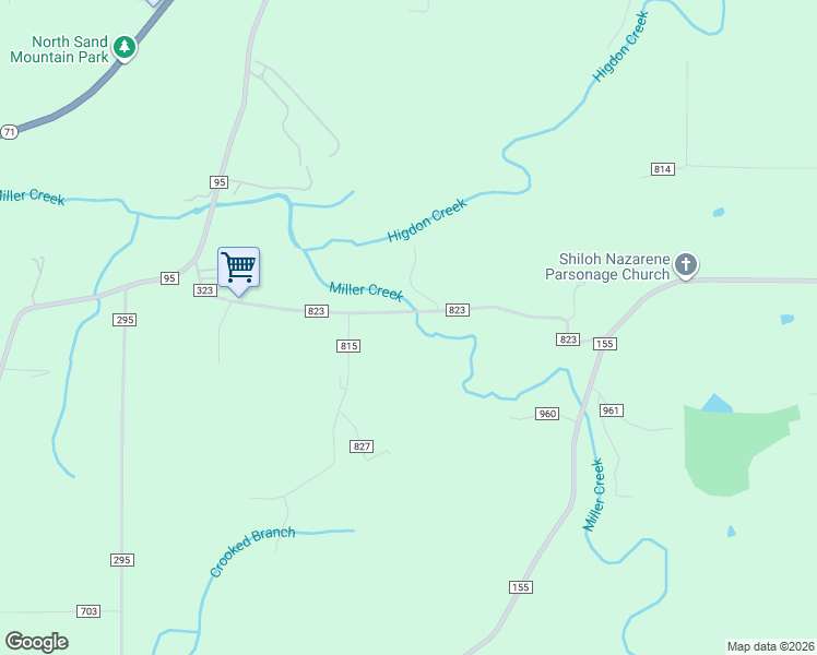 map of restaurants, bars, coffee shops, grocery stores, and more near 519 County Road 823 in Higdon