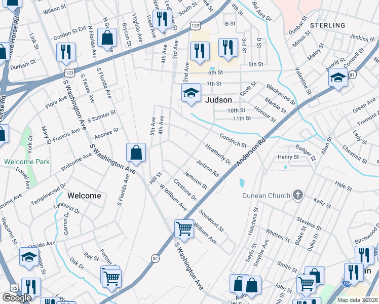 map of restaurants, bars, coffee shops, grocery stores, and more near 104 Valley Street in Greenville