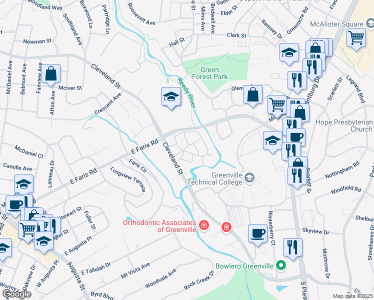 map of restaurants, bars, coffee shops, grocery stores, and more near 925 Cleveland Street in Greenville
