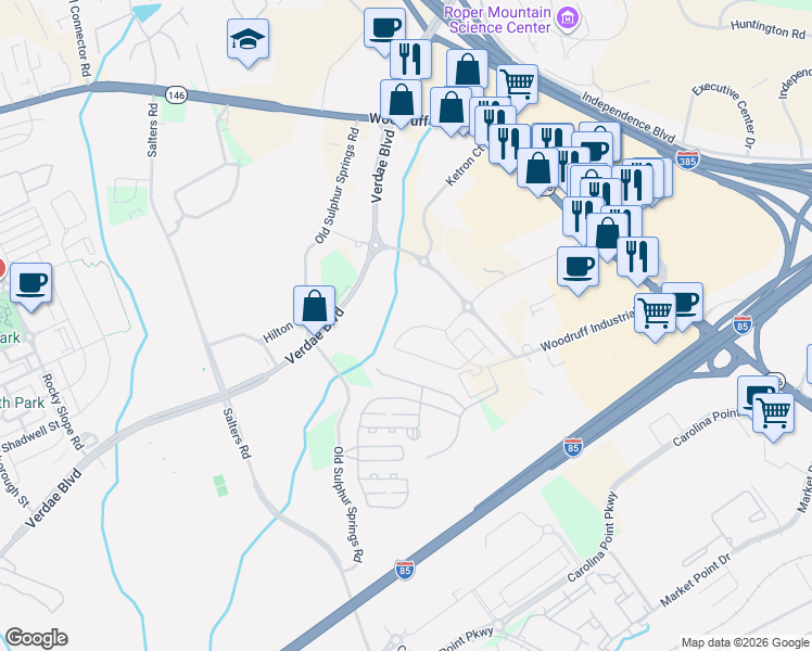map of restaurants, bars, coffee shops, grocery stores, and more near 25414 Sulphur Springs Rd in Greenville