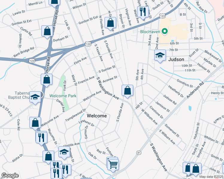 map of restaurants, bars, coffee shops, grocery stores, and more near 414 South Texas Avenue in Greenville