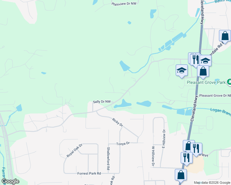 map of restaurants, bars, coffee shops, grocery stores, and more near 1500 Fowler Drive Northwest in Dalton