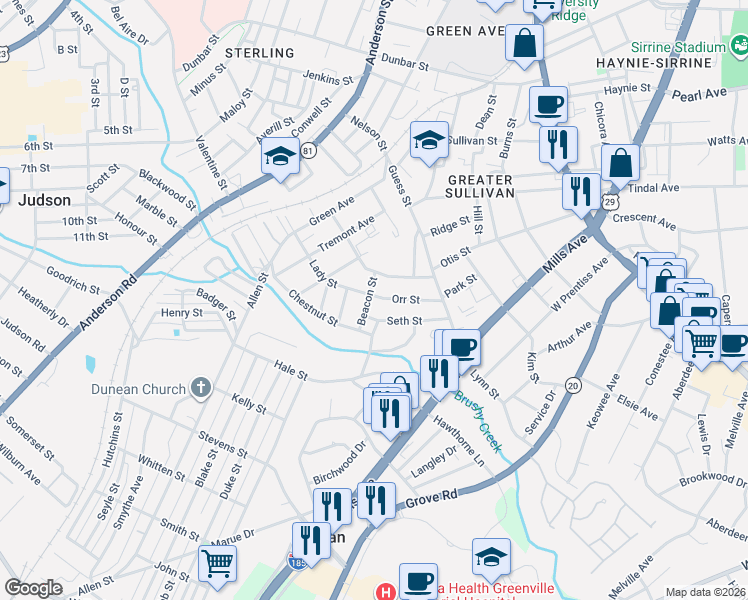 map of restaurants, bars, coffee shops, grocery stores, and more near 60 Orr Street in Greenville
