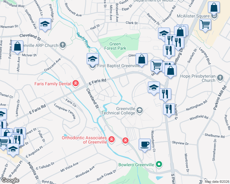 map of restaurants, bars, coffee shops, grocery stores, and more near 925 Cleveland Street in Greenville