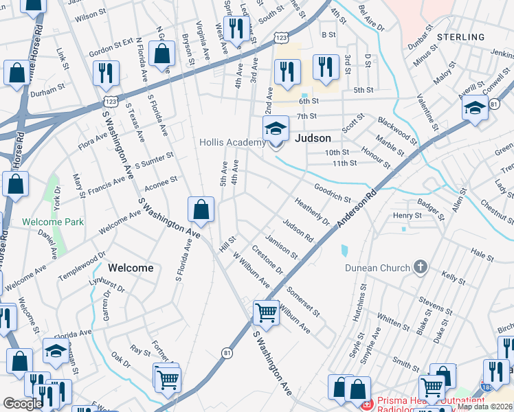 map of restaurants, bars, coffee shops, grocery stores, and more near 114 Judson Road in Greenville
