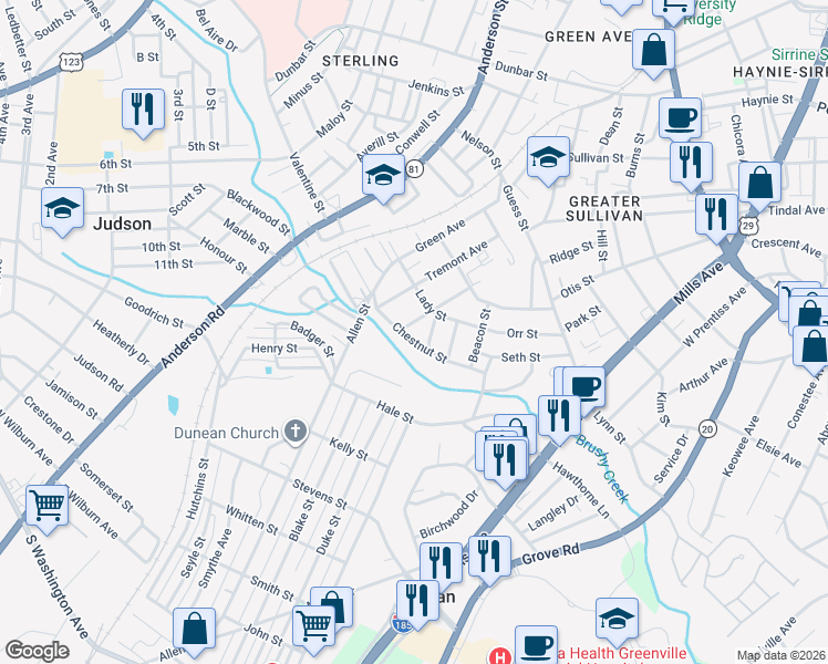 map of restaurants, bars, coffee shops, grocery stores, and more near 301 McGarity Street in Greenville