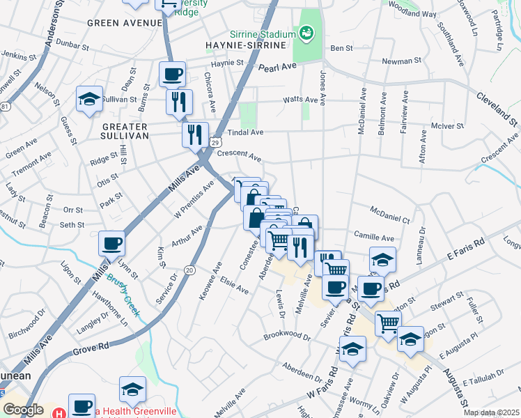 map of restaurants, bars, coffee shops, grocery stores, and more near 1429 Augusta Street in Greenville