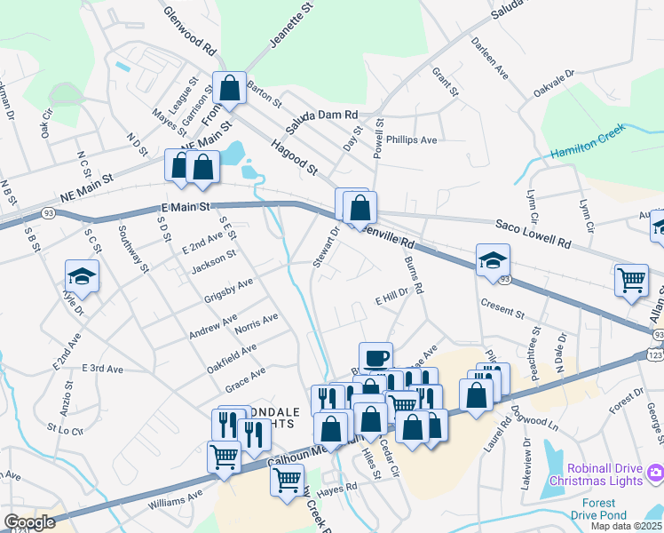 map of restaurants, bars, coffee shops, grocery stores, and more near 105 Stewart Drive in Easley
