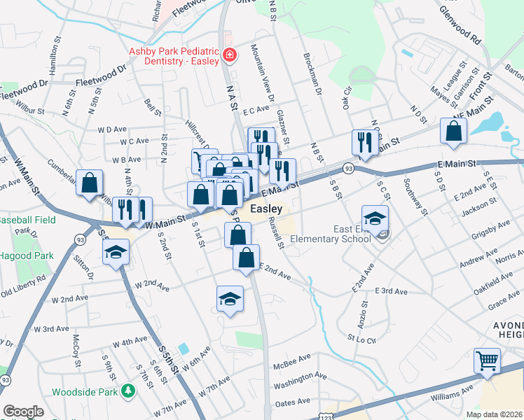 map of restaurants, bars, coffee shops, grocery stores, and more near 102 Russell Street in Easley