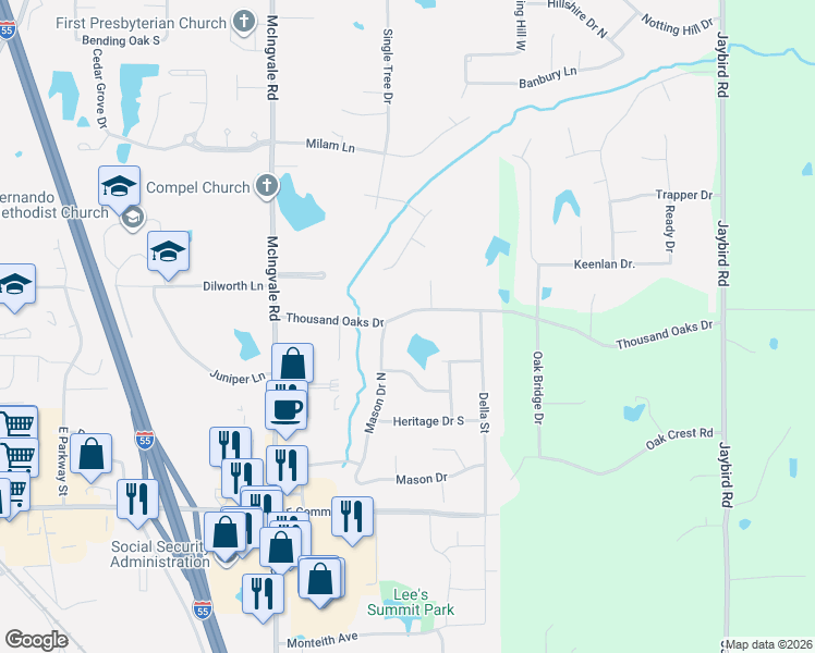 map of restaurants, bars, coffee shops, grocery stores, and more near 1245 Thousand Oaks Drive in Hernando