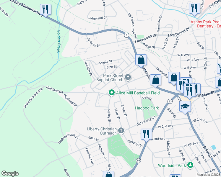 map of restaurants, bars, coffee shops, grocery stores, and more near 104 Linwood Street in Easley