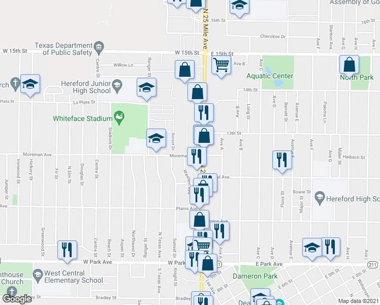 map of restaurants, bars, coffee shops, grocery stores, and more near 400 Western Avenue in Hereford