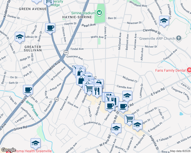 map of restaurants, bars, coffee shops, grocery stores, and more near 128 Capers Street in Greenville