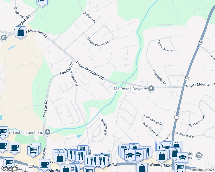 map of restaurants, bars, coffee shops, grocery stores, and more near 205 Beringer Court in Greenville