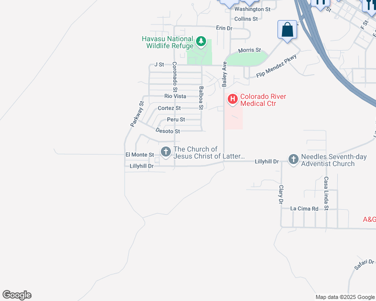 map of restaurants, bars, coffee shops, grocery stores, and more near El Monte Street in Needles