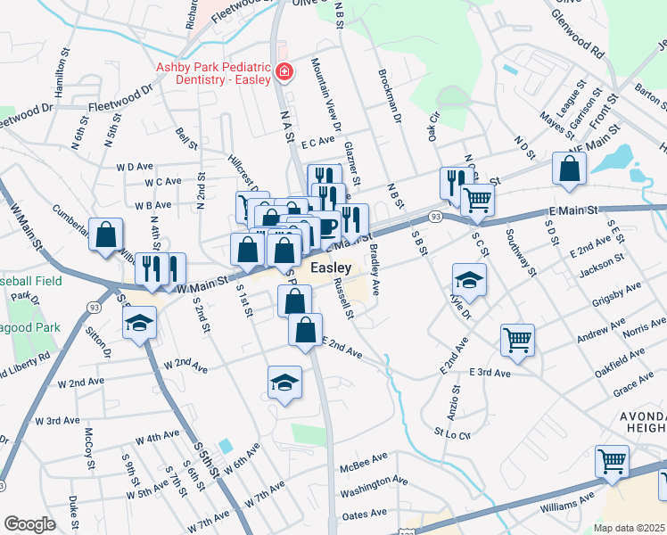 map of restaurants, bars, coffee shops, grocery stores, and more near 112 Russell Street in Easley