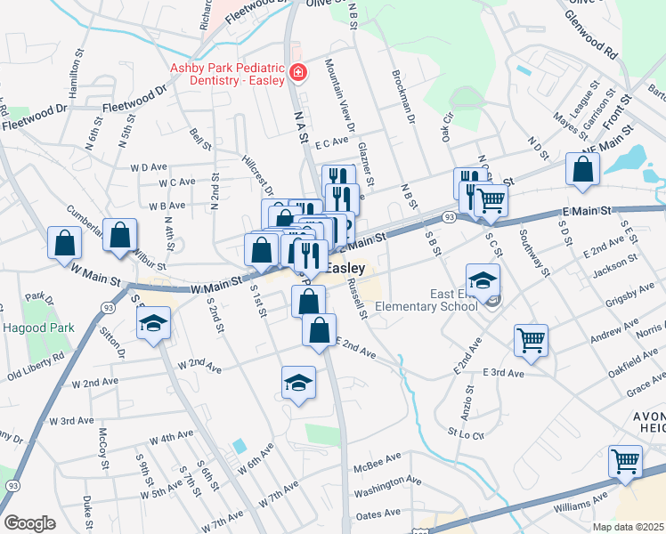 map of restaurants, bars, coffee shops, grocery stores, and more near 128 East Main Street in Easley